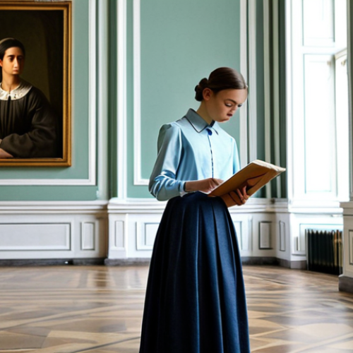 Home 7 **
A Russian art student in a modest outfit, perhaps a stylish dress or blouse and skirt, sketching in the State Hermitage Museum in Saint Petersburg. The background shows famous artworks and other visitors. Focus on her intent gaze and the sketchbook. Safe for work, appropriate content, fully clothed, professional setting, perfect anatomy, natural pose, high quality.
**